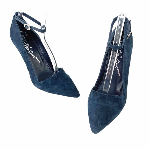 ALICE + OLIVIA Makayla Navy Blue Kid Suede Ankle Strap Stilettos - Picture 9 of 11